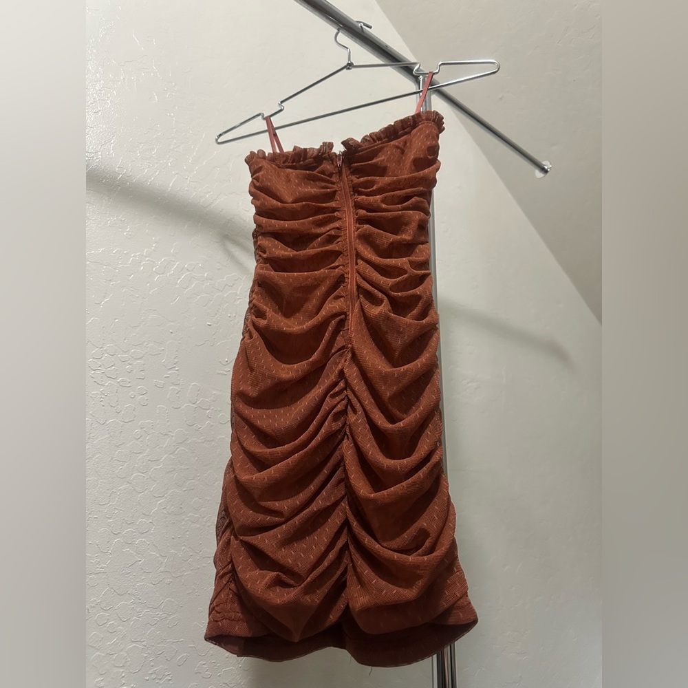 Rust Ruched Spaghetti-Strap Mini Dress - Picture 2 of 3